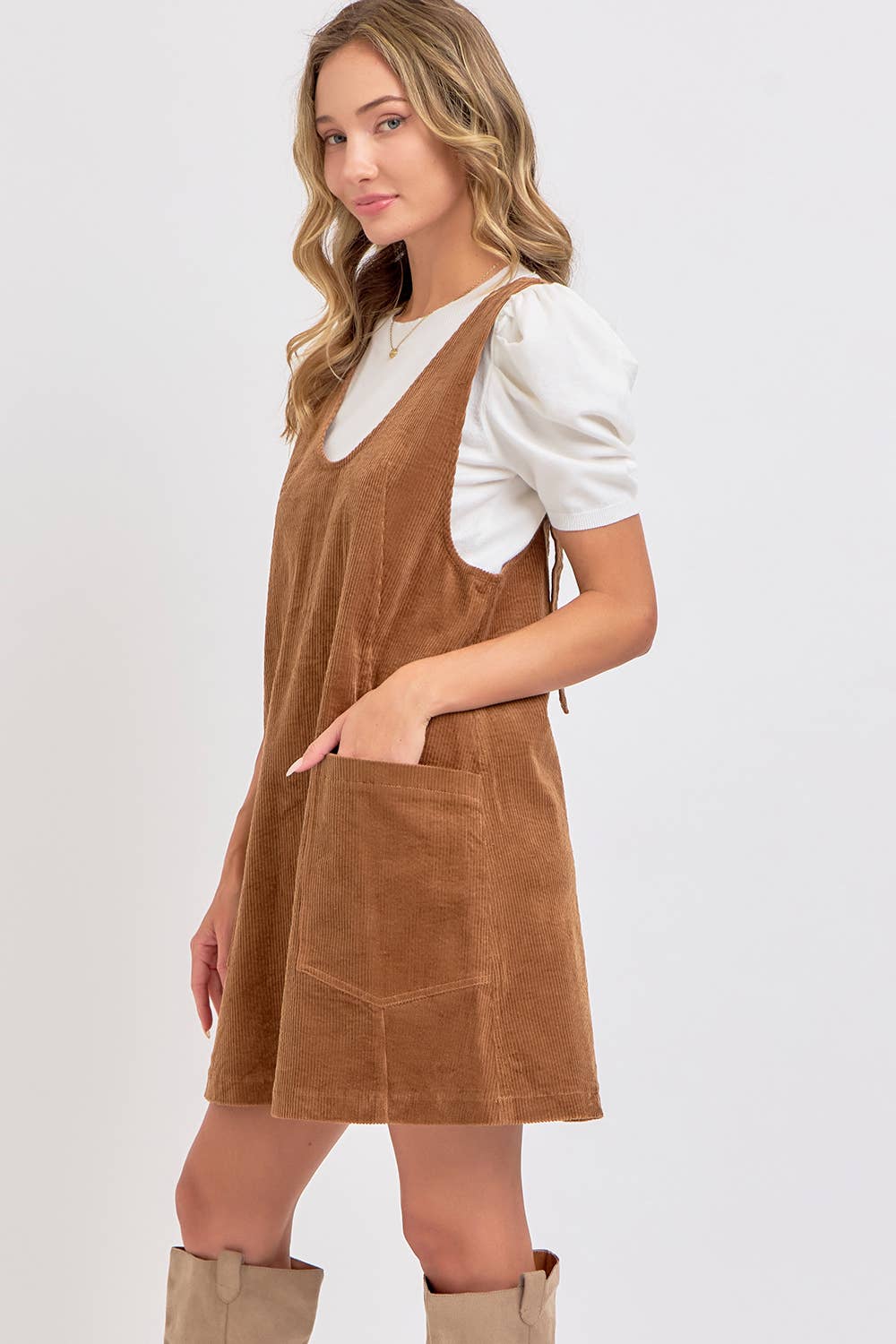 Cozy Corduroy Overall Dress - Camel