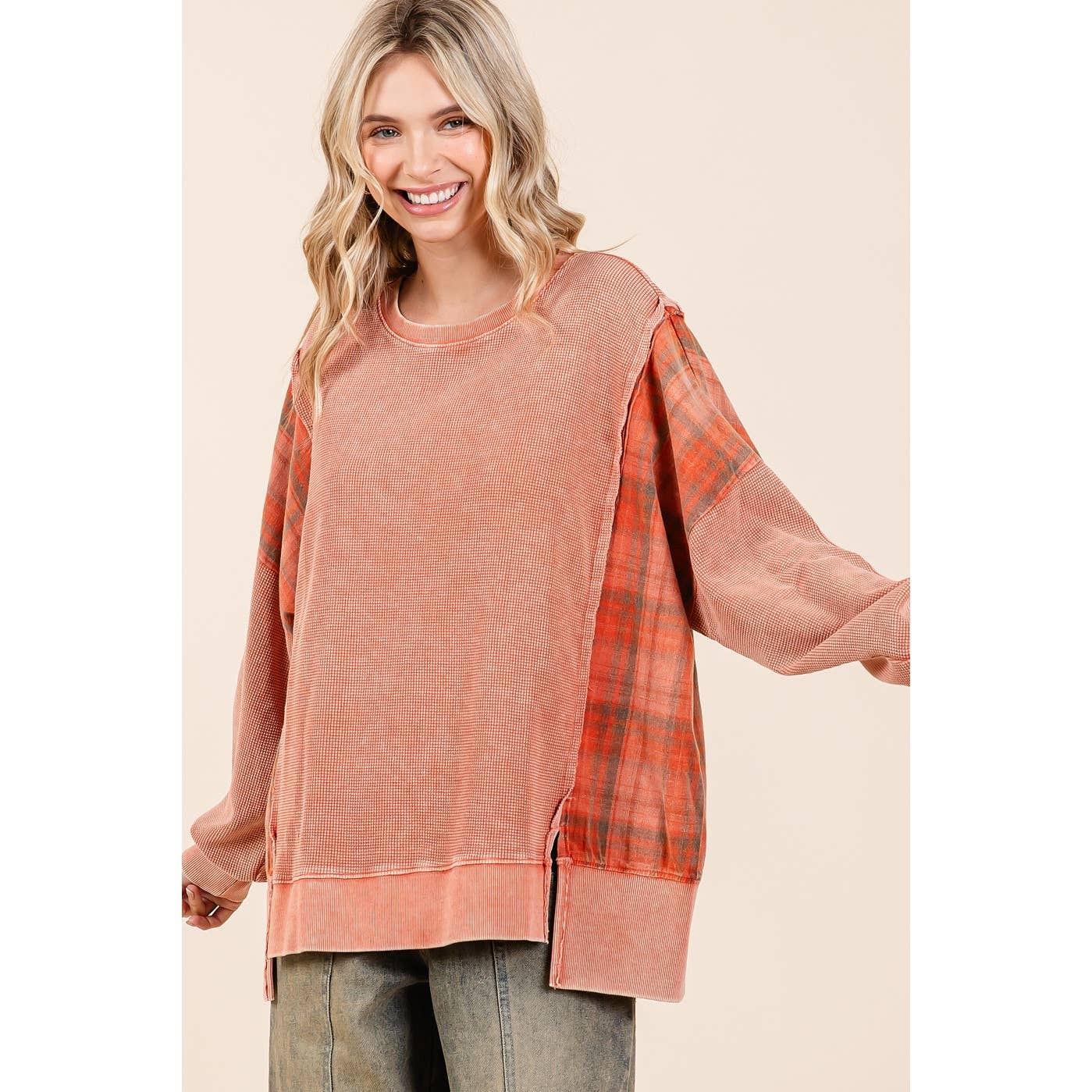 Plaid Panel Mineral Wash French Terry Sweatshirt