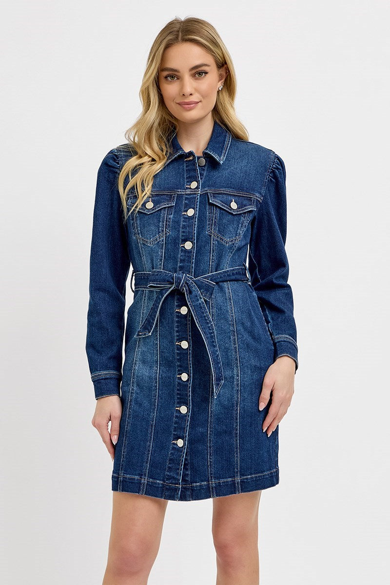 Puffed Long Sleeve Denim Dress - Risen