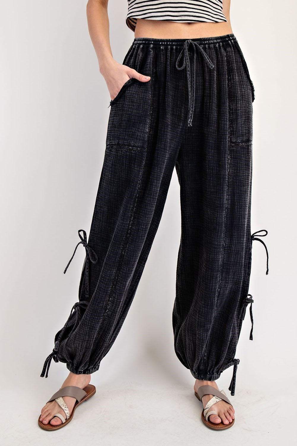 Mineral Wash Ribbon Tie Gauze Pants
