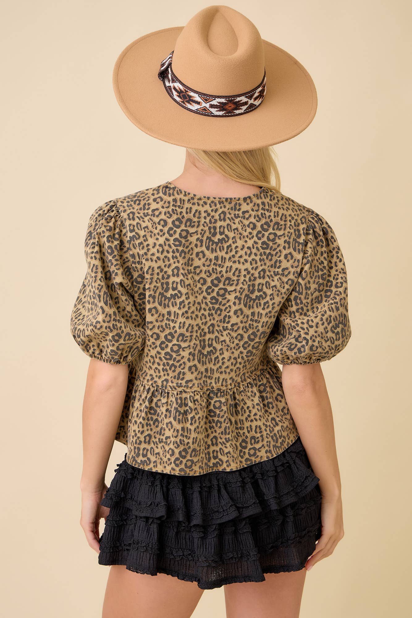 Leopard Printed Denim V-neck Baby Doll Blouse