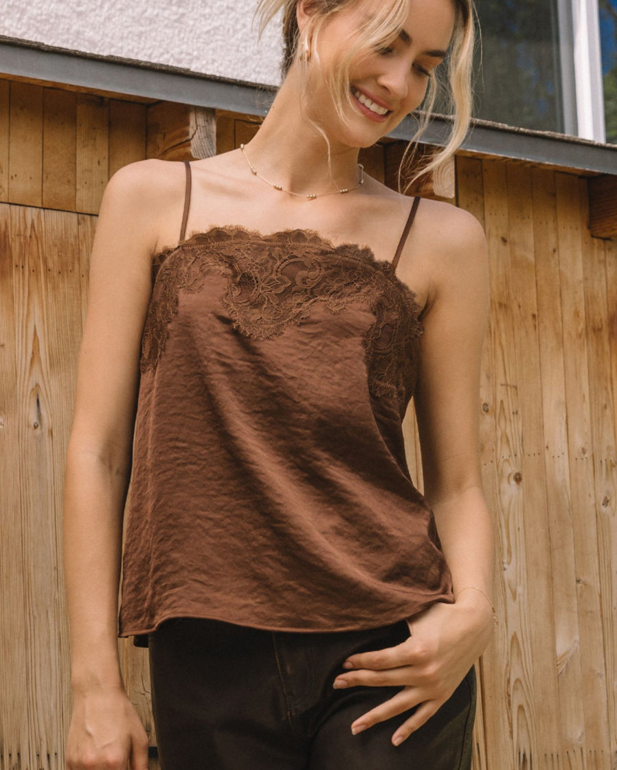 Chocolate Satin Lace Trim Cami