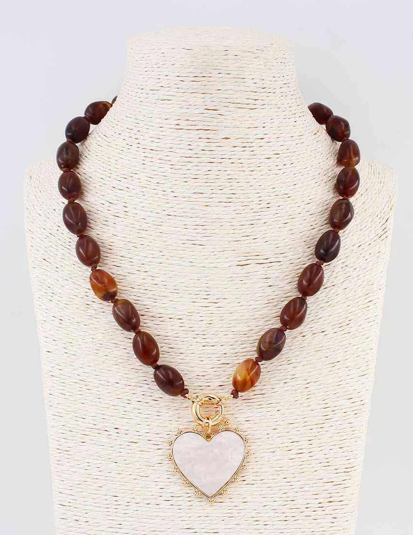 Brown Beaded Natural Stone Necklace with Heart Charm