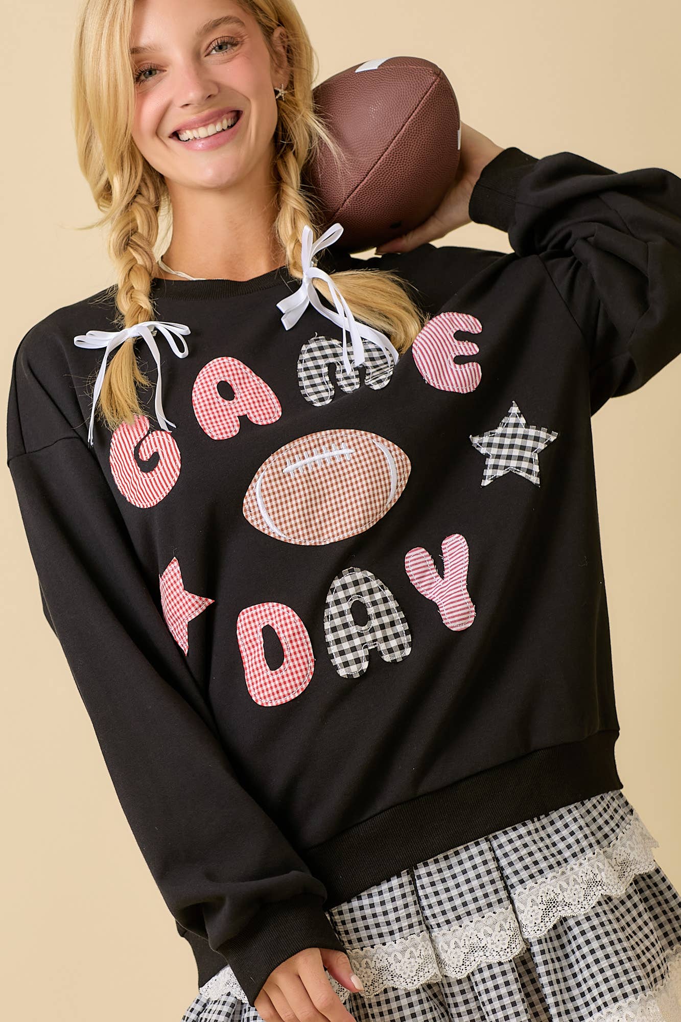 Game Day Patchwork Long Sleeve Crewneck Top