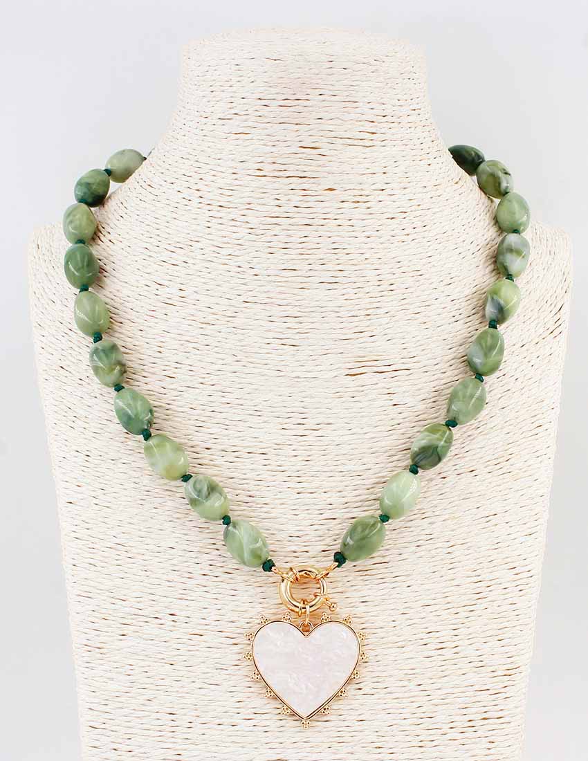 Green Beaded Natural Stone Necklace with Heart Charm