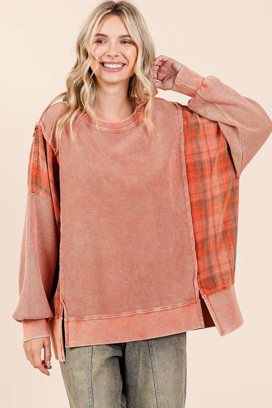 Plaid Panel Mineral Wash French Terry Sweatshirt