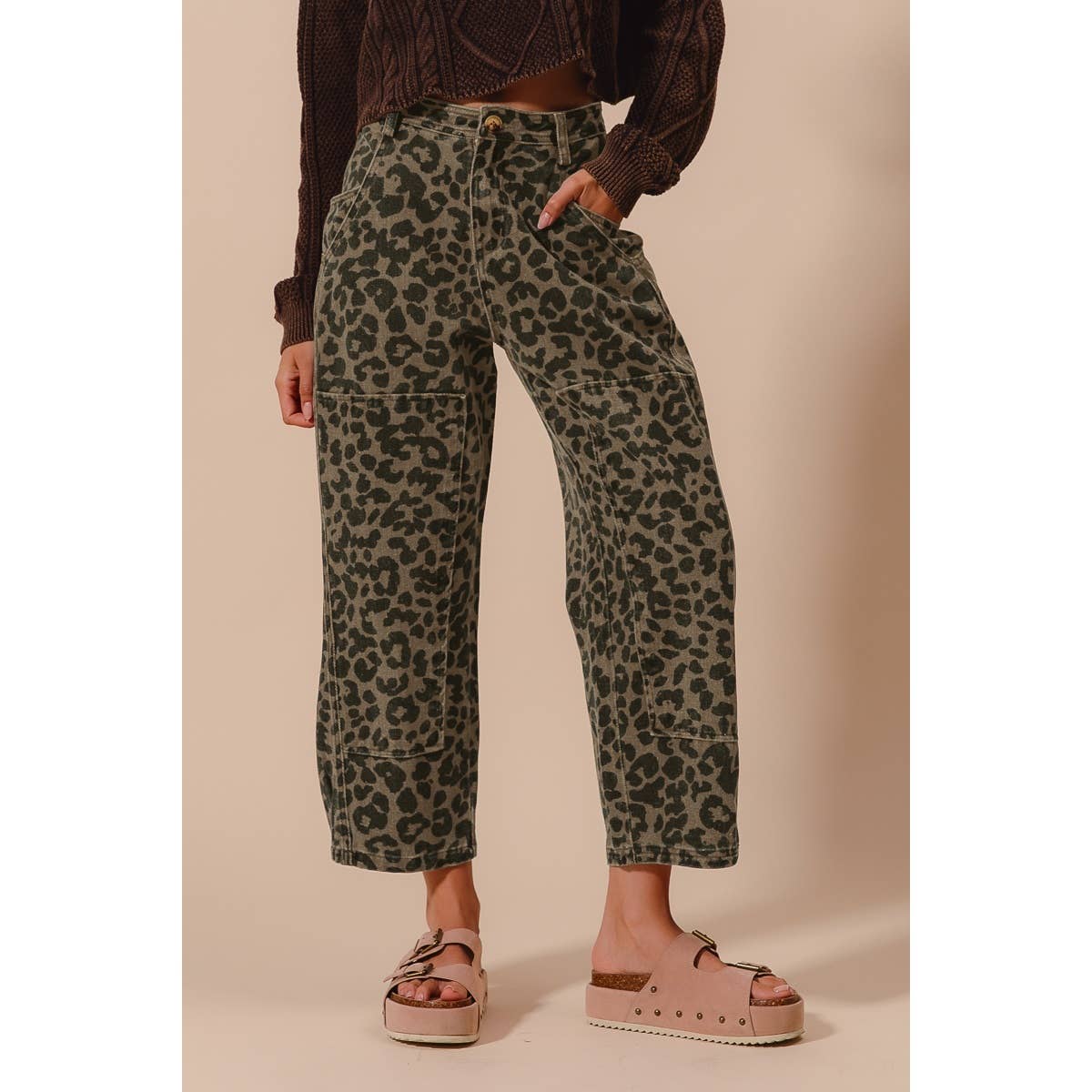 Leopard Mid Rise Barrel Pants