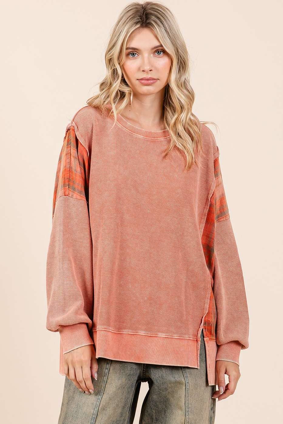 Plaid Panel Mineral Wash French Terry Sweatshirt