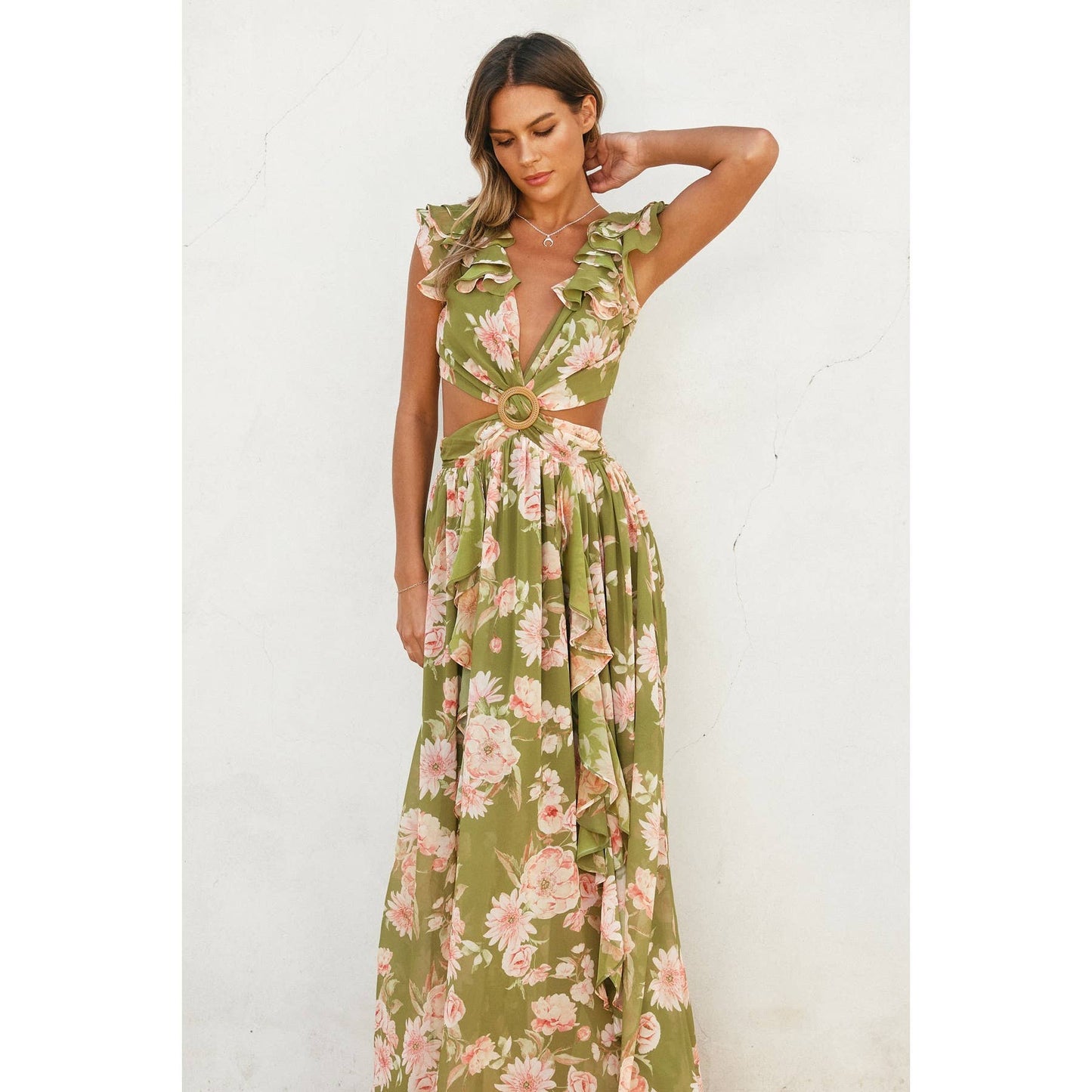 Dream Girl Cutout Frilly Maxi Dress