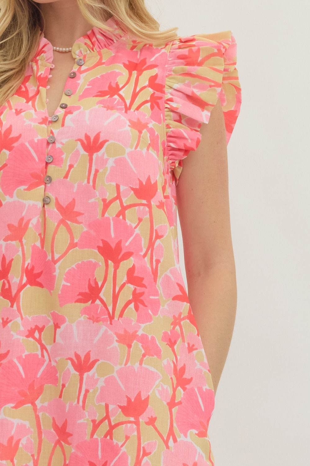 Pink Floral Flutter Sleeve Midi