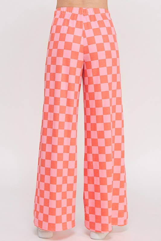 HIGH WAIST CHECKERED STRAIGHT LEG KNIT PANTS