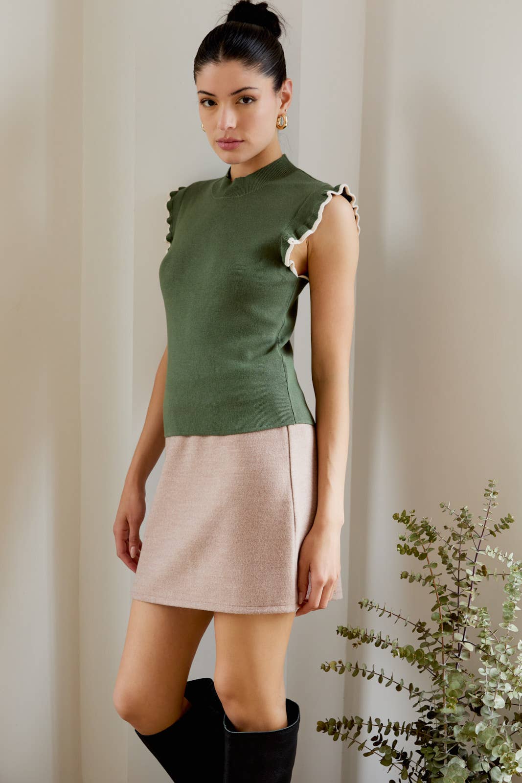 Olive Flutter Sleeve Top