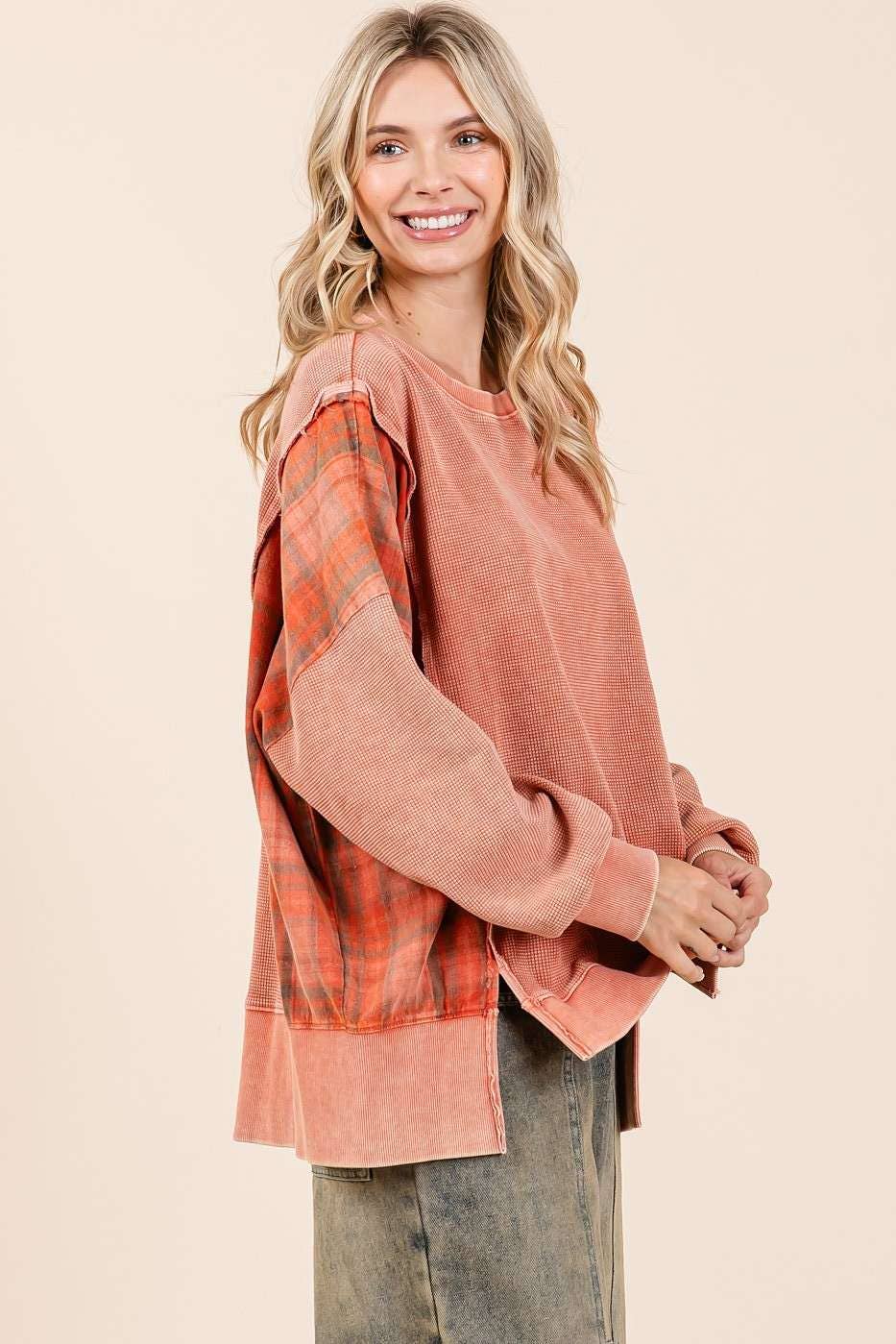 Plaid Panel Mineral Wash French Terry Sweatshirt