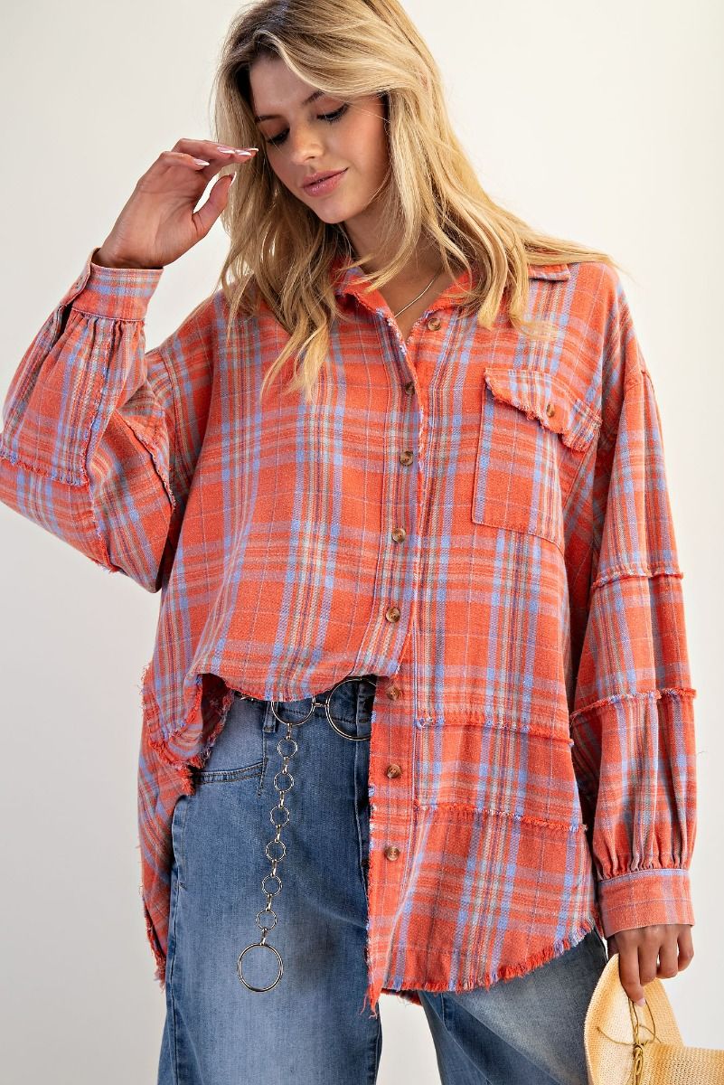 Pumpkin Patch Washed Plaid Oversized Top