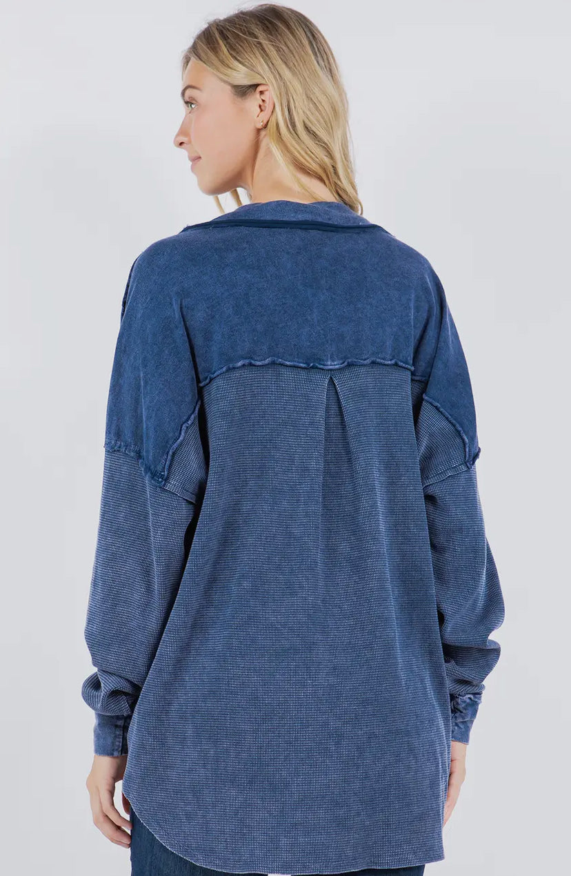 Navy Mineral Wash V Neck Collar Top