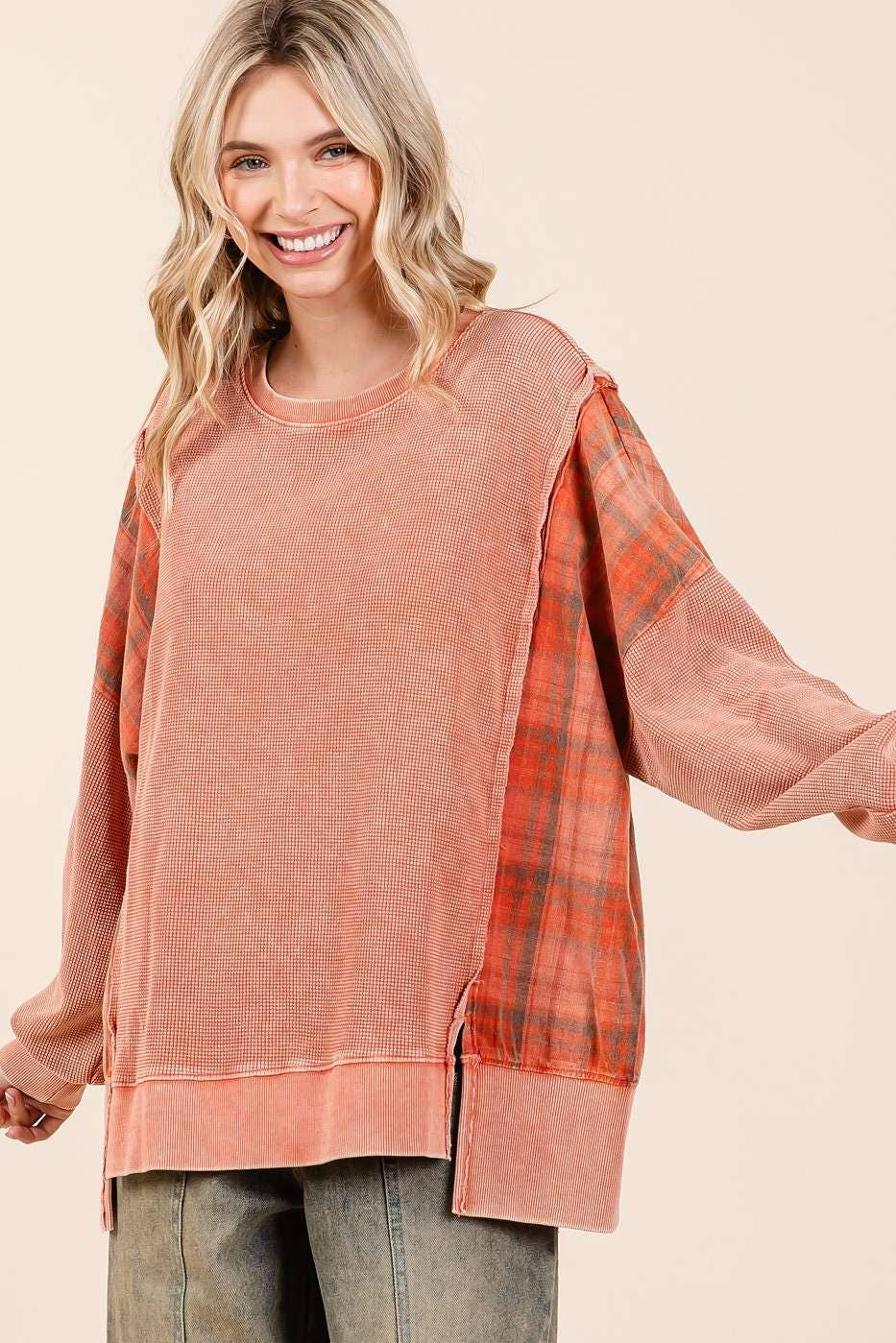 Plaid Panel Mineral Wash French Terry Sweatshirt