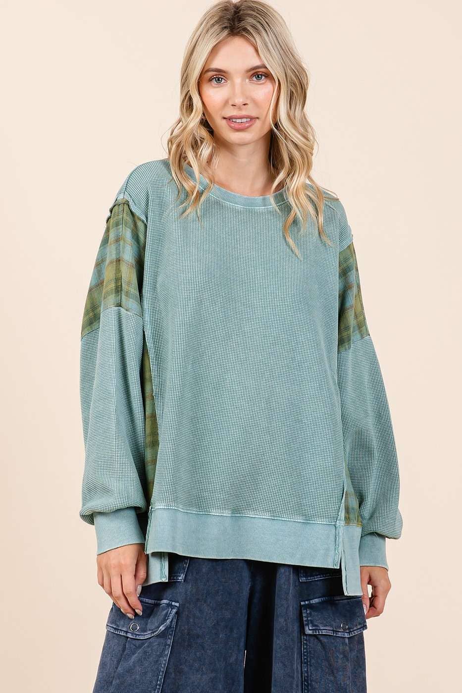 Plaid Panel Mineral Wash French Terry Sweatshirt