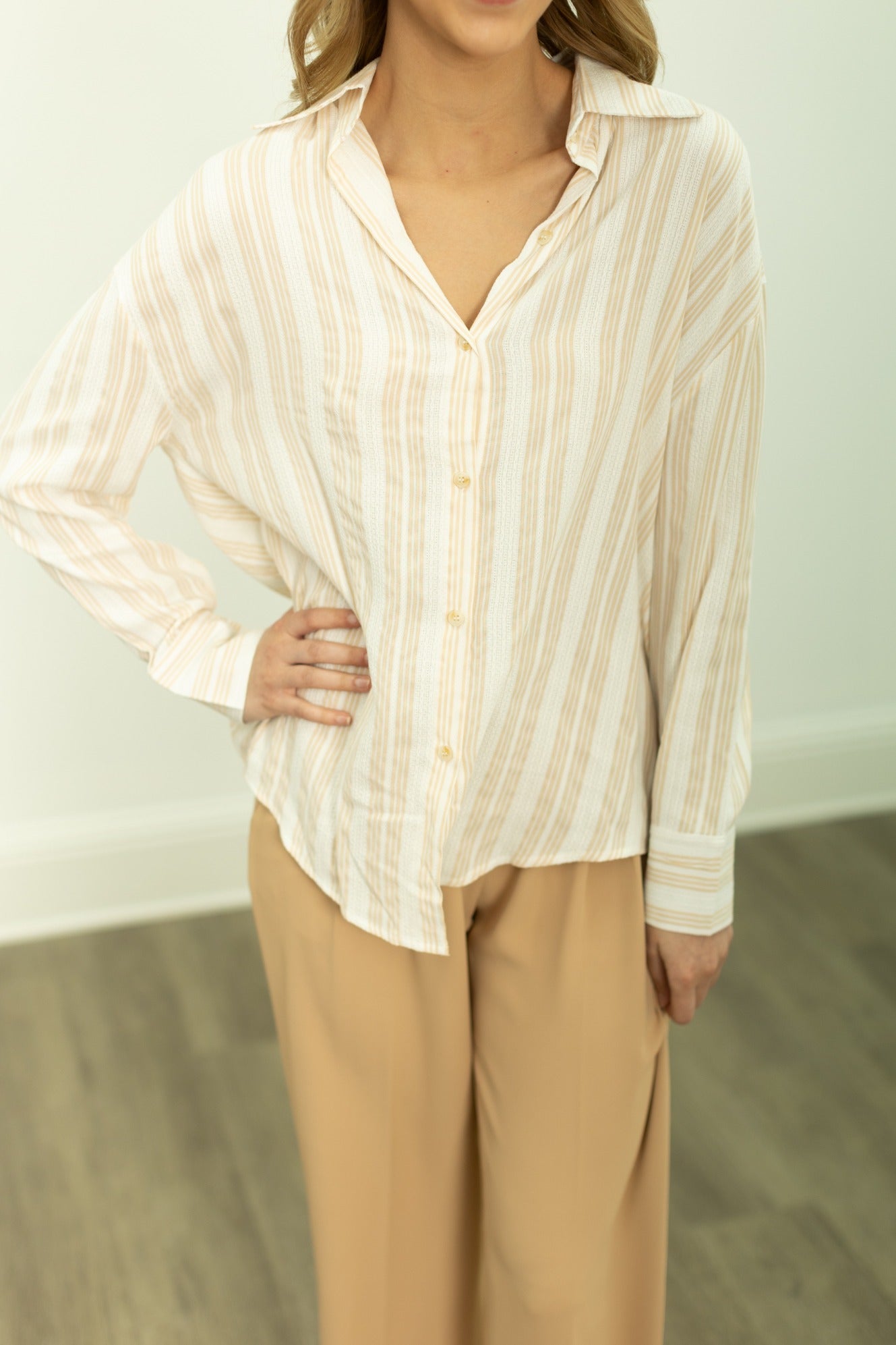 Kathryn Button Up - Beige Stripes