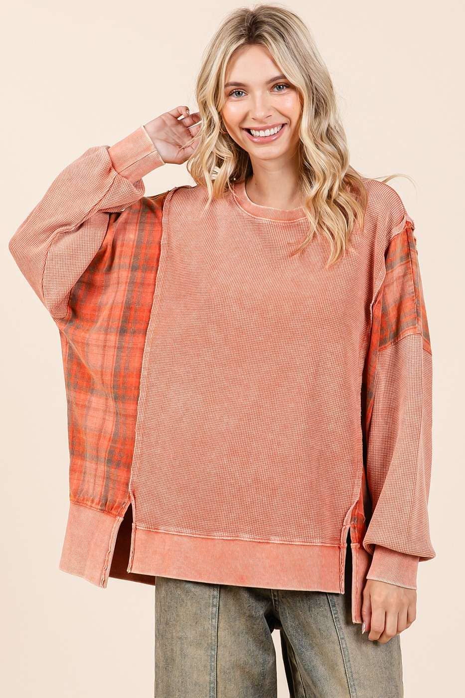 Plaid Panel Mineral Wash French Terry Sweatshirt