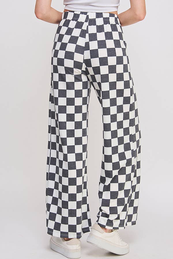 HIGH WAIST CHECKERED STRAIGHT LEG KNIT PANTS