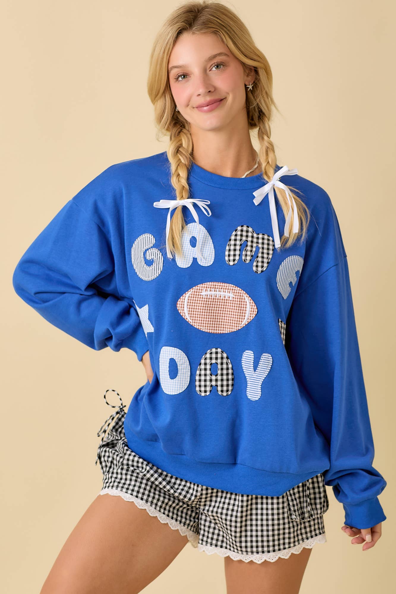 Game Day Patchwork Long Sleeve Crewneck Top