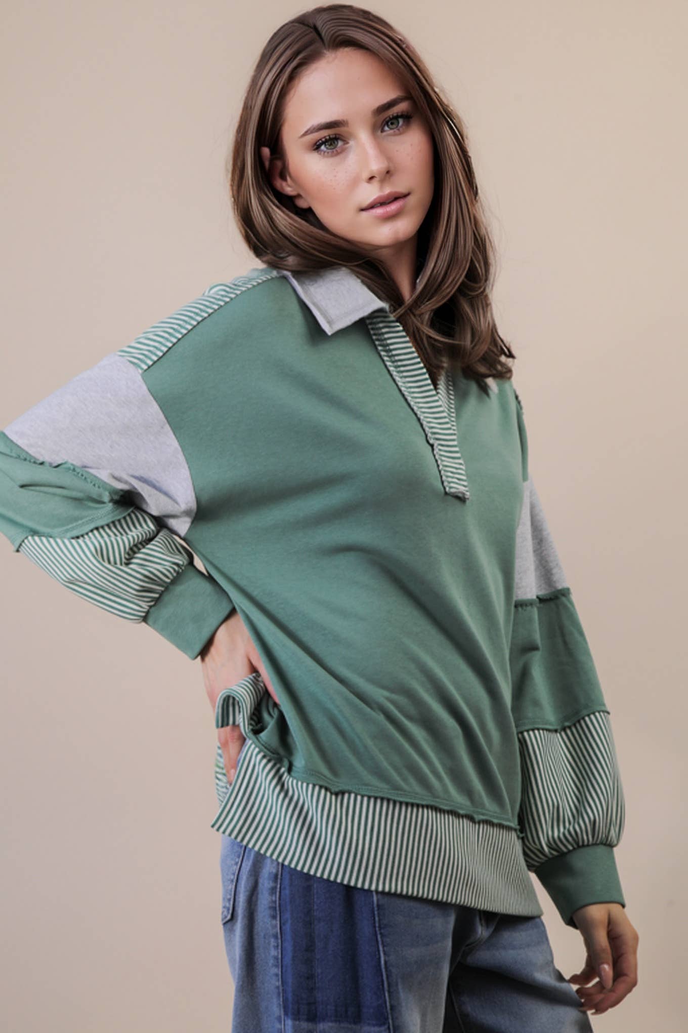 Sage Color Block Knit Top - Plus