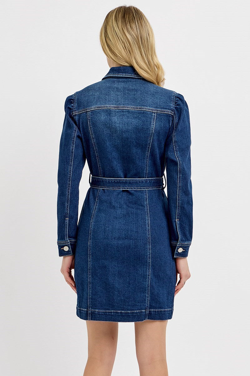 Puffed Long Sleeve Denim Dress - Risen