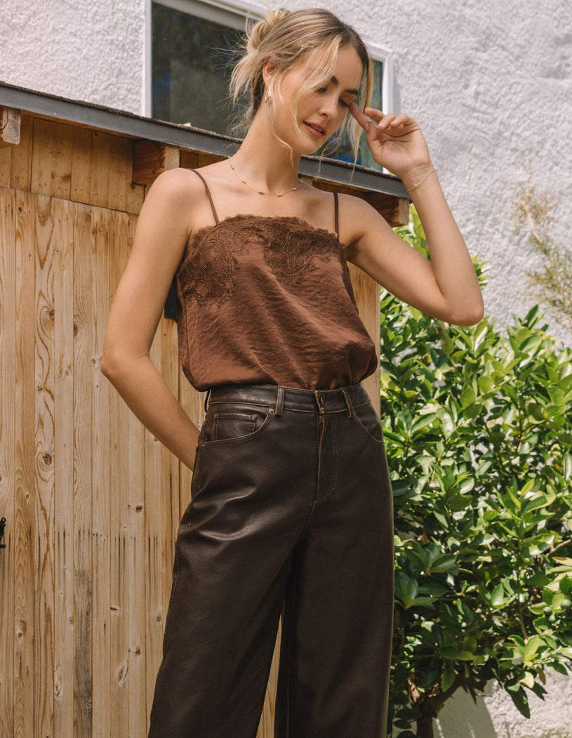Chocolate Satin Lace Trim Cami