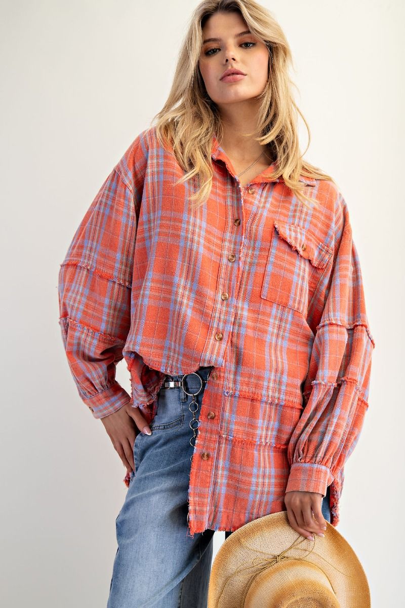 Pumpkin Patch Washed Plaid Oversized Top