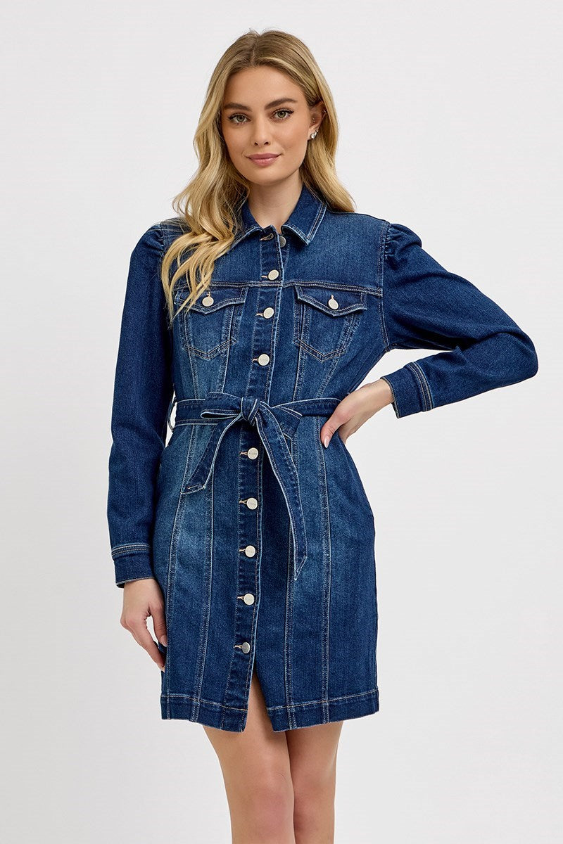 Puffed Long Sleeve Denim Dress - Risen