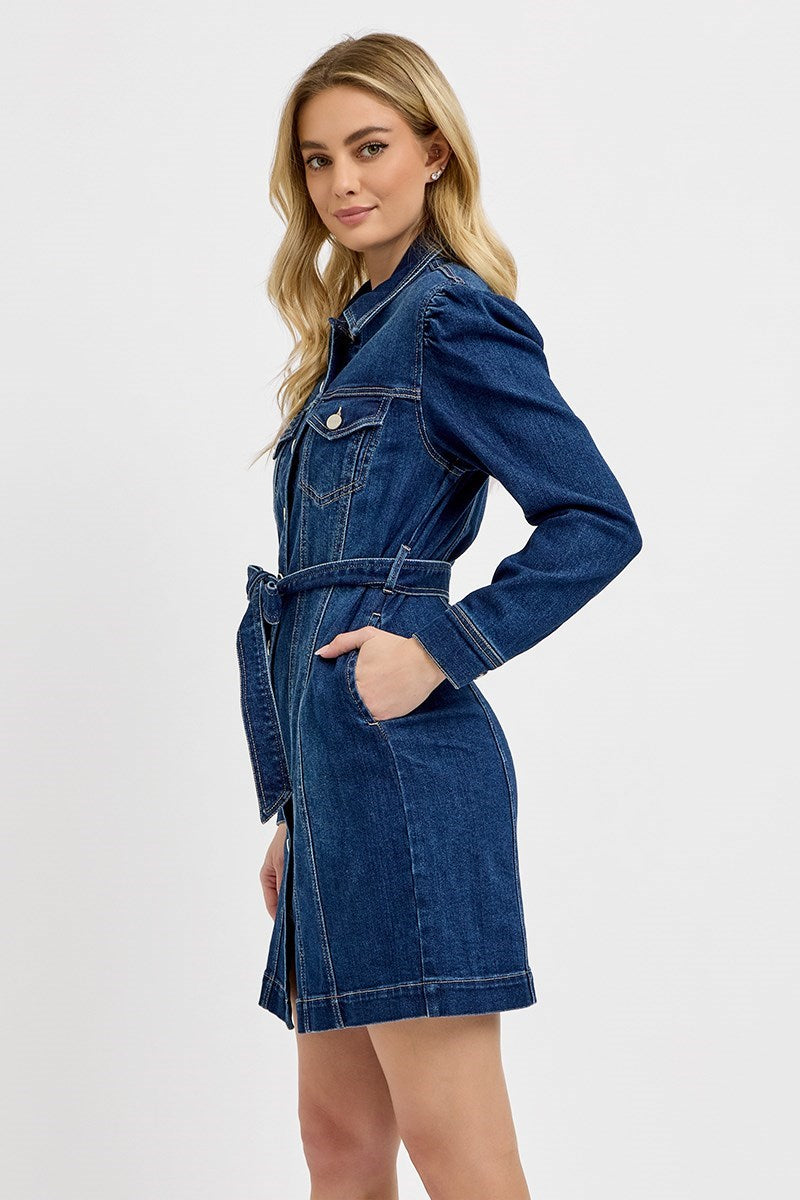 Puffed Long Sleeve Denim Dress - Risen