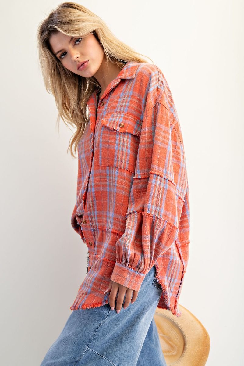 Pumpkin Patch Washed Plaid Oversized Top