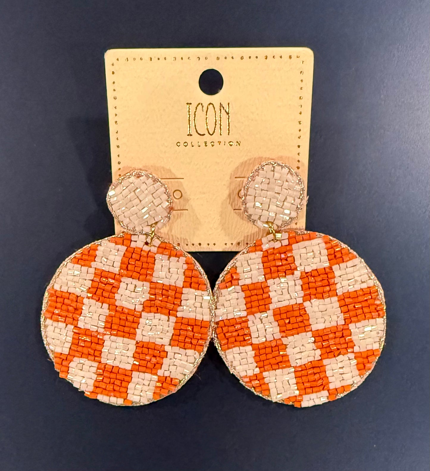 Beaded Checkered Earrings - Orange