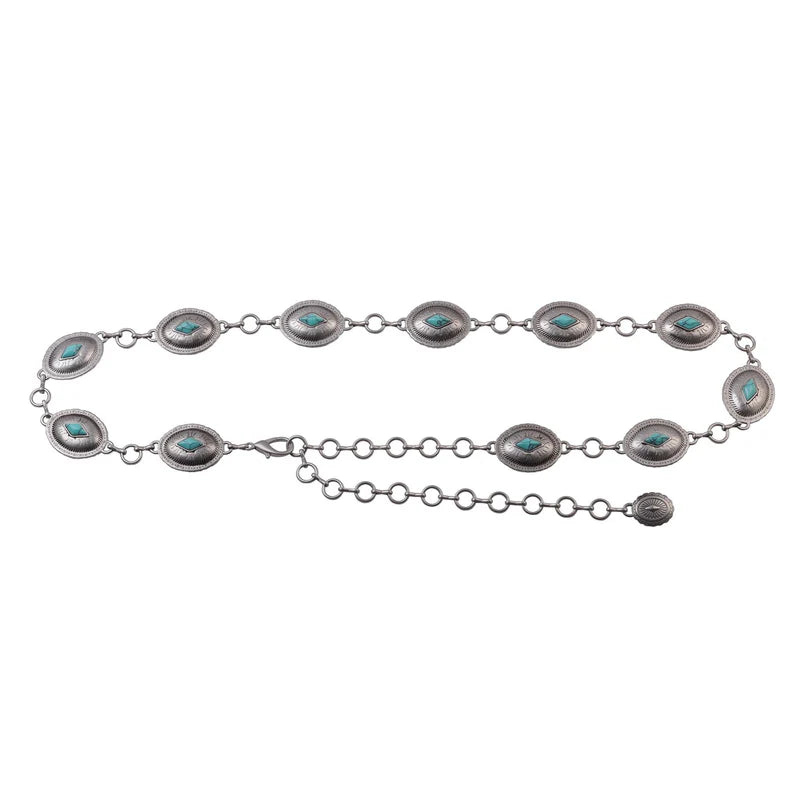 Turquoise & Silver Oval Concho Chain Belt
