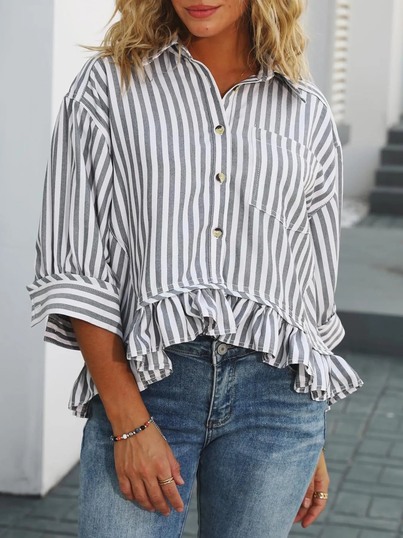 Striped Ruffle Hem Blouse