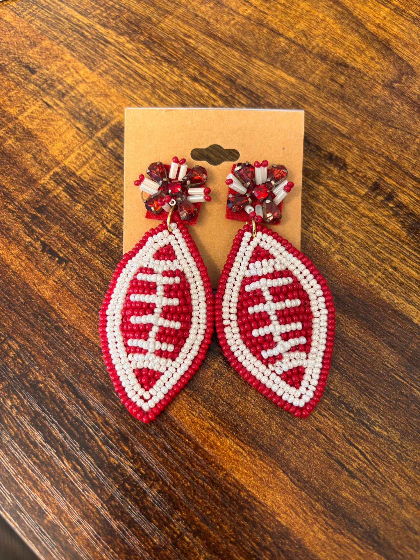 Red + White Beaded Football Earrings