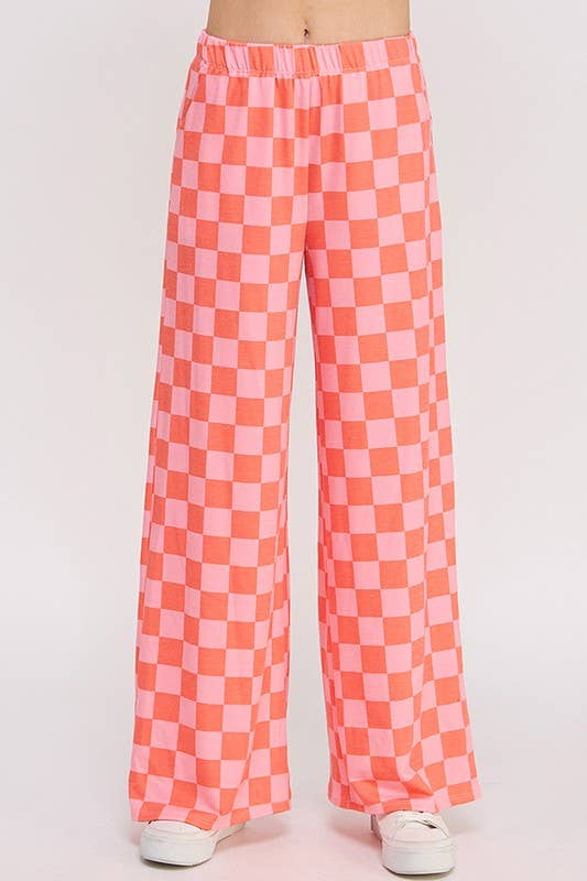 HIGH WAIST CHECKERED STRAIGHT LEG KNIT PANTS