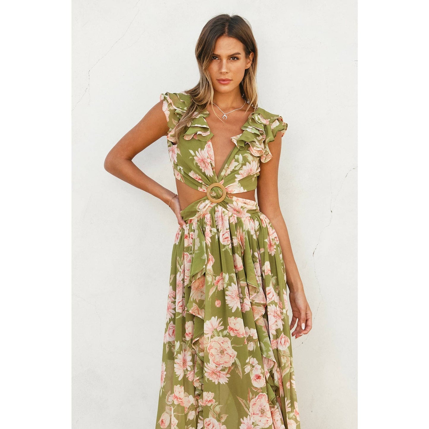 Dream Girl Cutout Frilly Maxi Dress