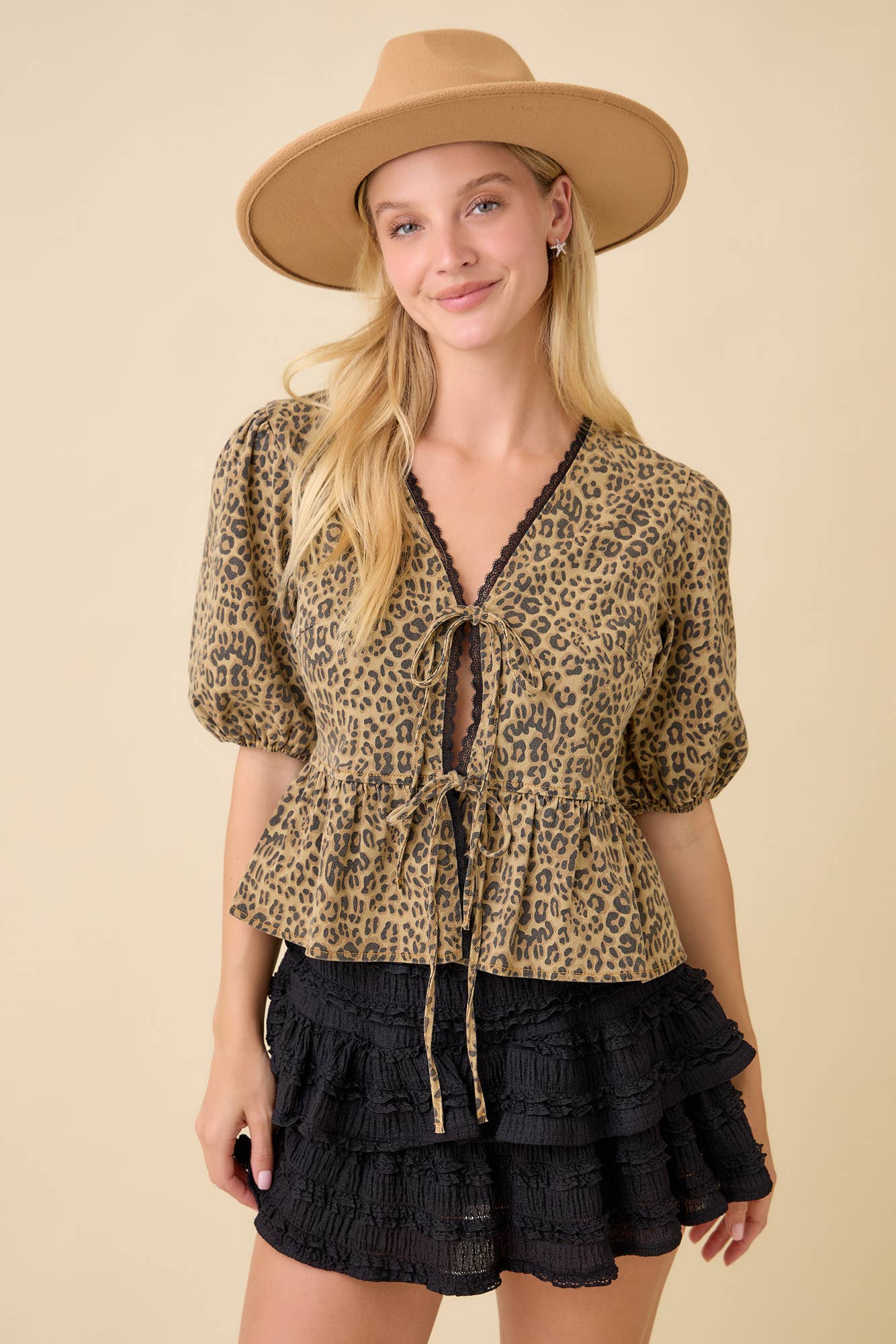 Leopard Printed Denim V-neck Baby Doll Blouse