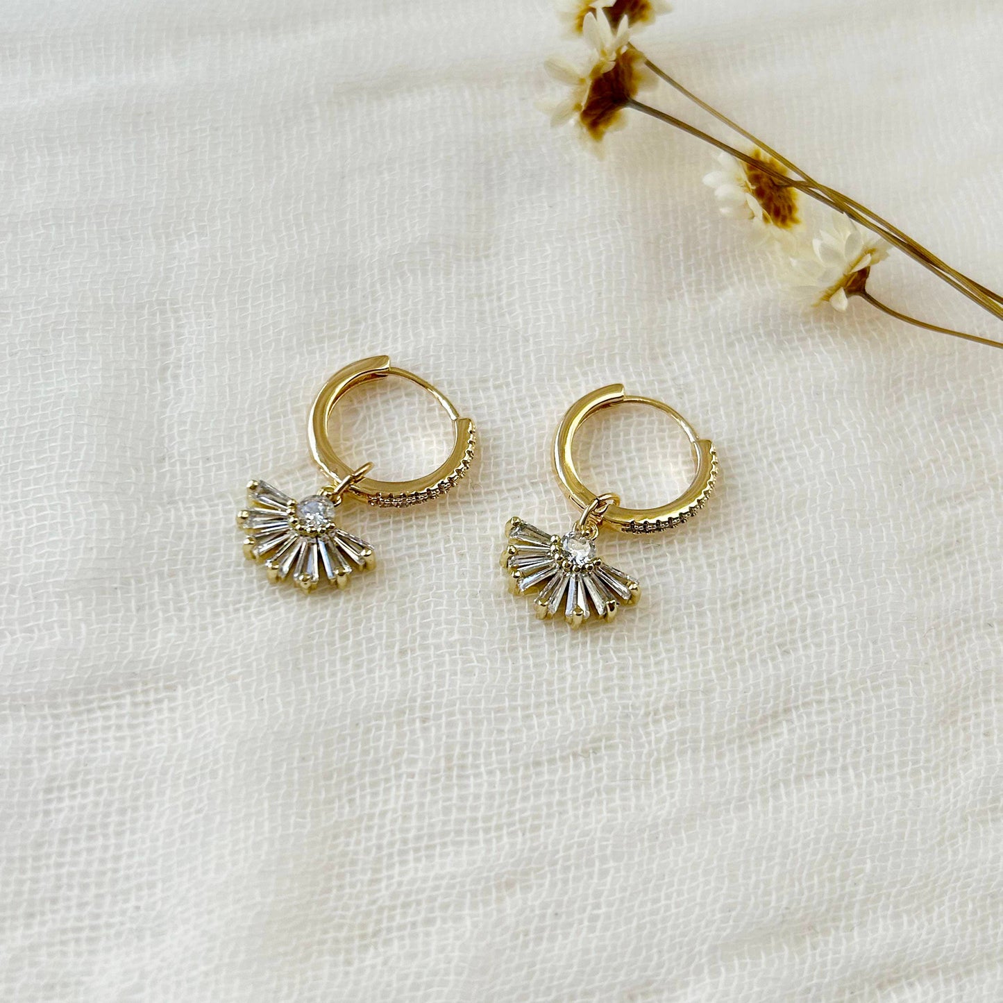 CZ Fan Charm Huggie Hoops