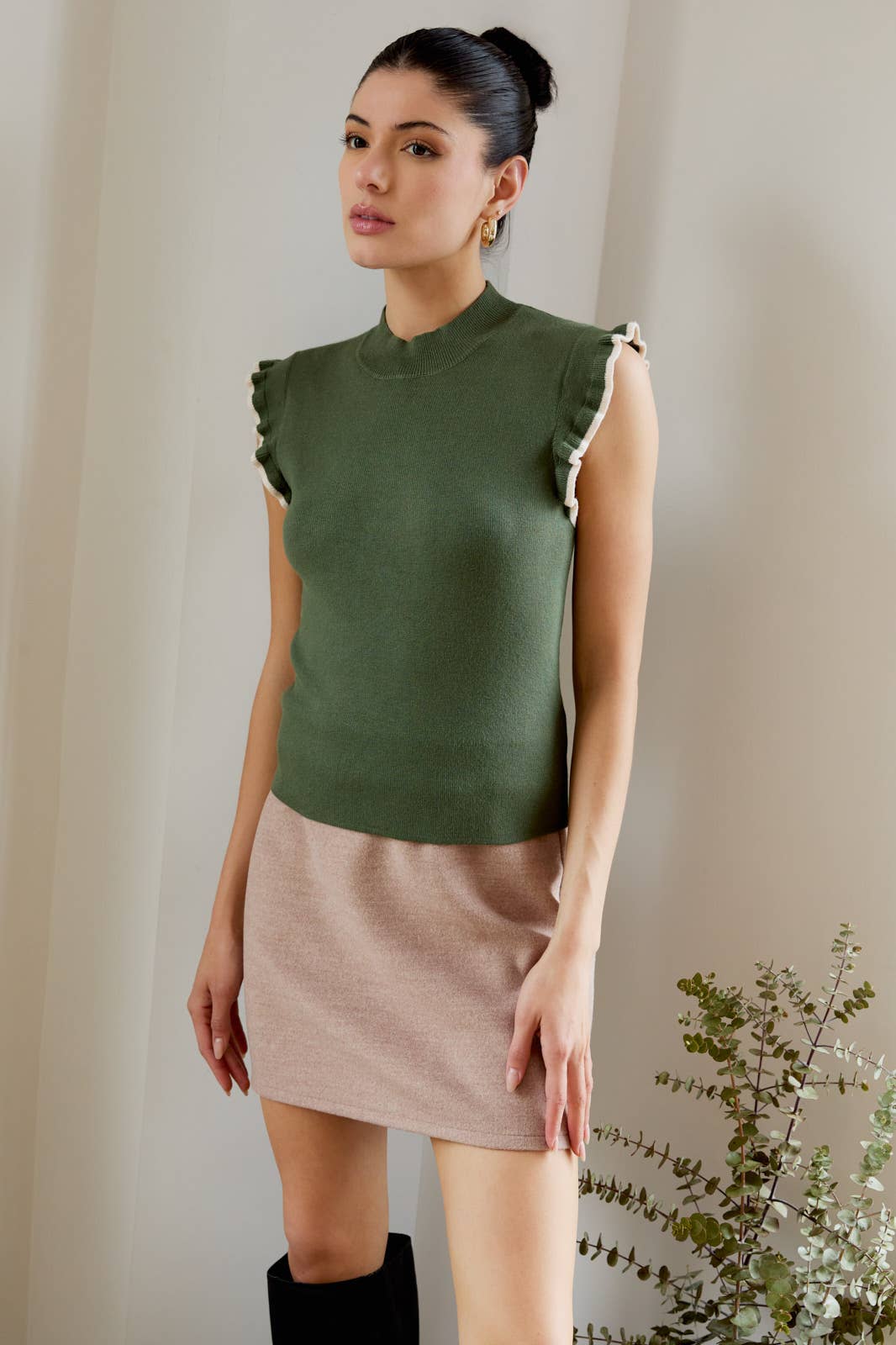 Olive Flutter Sleeve Top