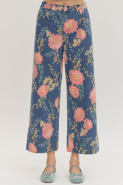Floral Print Wide Leg Denim