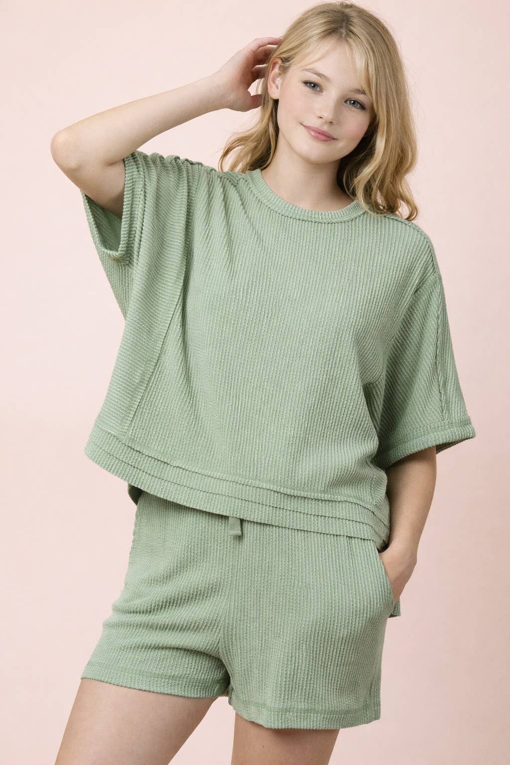 Ribbed Knit Comfy Top & Shorts Set