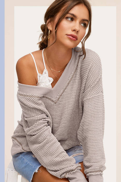 V-neck Waffle Textured Long Sleeve Top: Ash