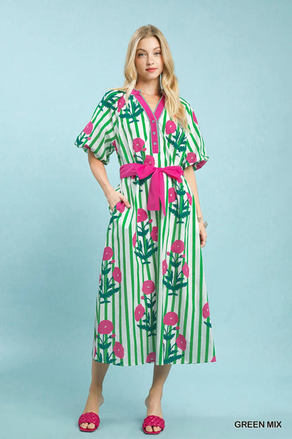Striped Floral Tie Waist Maxi