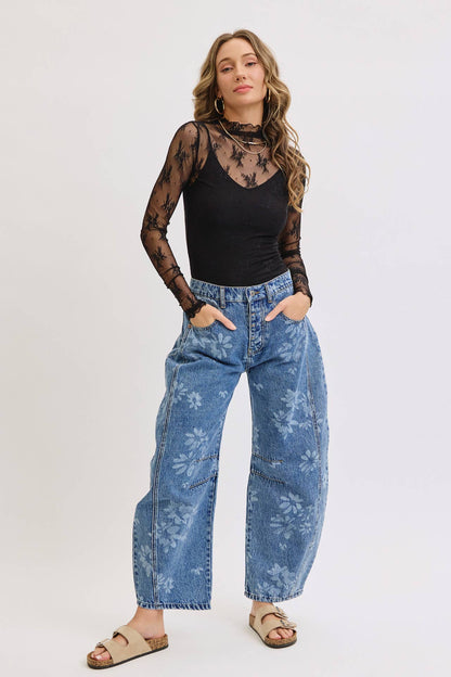Floral Print Barrel Denim