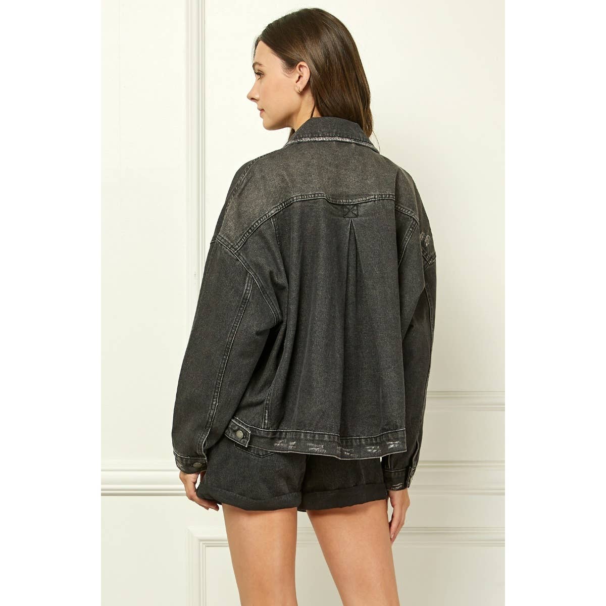 Pleated Denim Jacket - Black