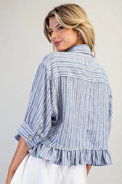 Striped Button Down Ruffle Hem Top