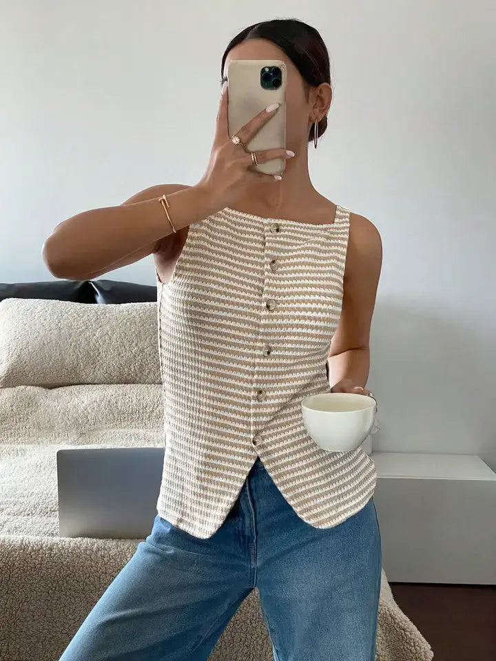 Striped Knit Button Front Tank Top Slim Fit Summer Vest