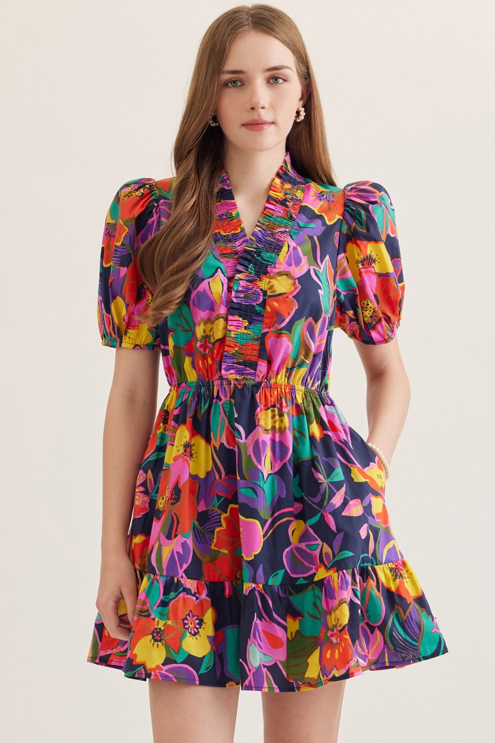 Navy Floral Puff Sleeve Dress